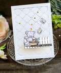 Greeting card with rhombus dot dotted background and bear design for card making and scrapbooking with grid embossed stencil.