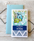 Greeting card featuring monsters with 2 Pack Mini Slim Line Stitched Scallop Square Frame Cutting Dies Carbon Steel For DIY Scrapbooking.