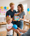 Family opening 12 Pack Bouncy Ball Knobby Massage Ball, 5" Spiky Sensory Toy at birthday party, colorful decorations in background.