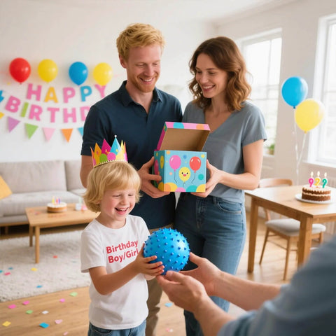Family opening 12 Pack Bouncy Ball Knobby Massage Ball, 5" Spiky Sensory Toy at birthday party, colorful decorations in background.