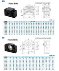 Engineering diagram of BK fixed side and BF floated side bearing end supports with detailed measurements and specifications.