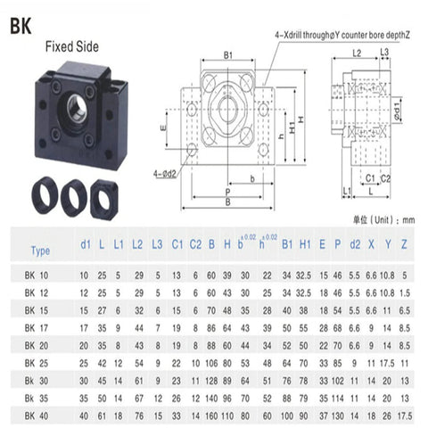 BK fixed side supports with dimensions and specifications table for SFU1605 Ball Screw Kit 550mm for CNC machines 16mm diameter lead 5mm.