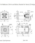Technical diagram of BK12 Bearing End Support for 16mm Ballscrew with measurements for Nema 23 stepper motor bracket integration.