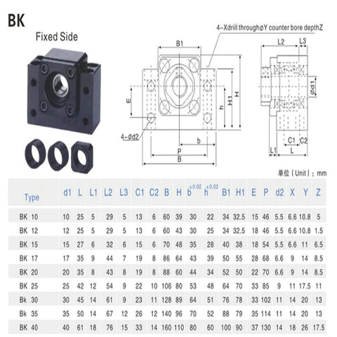 Diagram of BK fixed side support, specifications for CNC ball screw assembly parts, including dimensions and table.