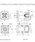 Technical diagram of BK12 for ballscrew 16mm and motor bracket, Nema 23 integration, showing dimensions in mm for SFU1605 1000mm Linear Ball Screw Kit.