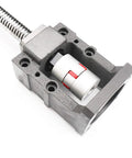 Nema 34 steel mounting bracket for ball screw end support; angled view shows silver ball-nut inside housing.