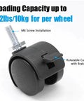Close-up of 4pcs 1 Inch Swivel Caster Wheels with M6 Threaded Stem and Brake, heavy duty black nylon, showing M6 screw and brake feature.