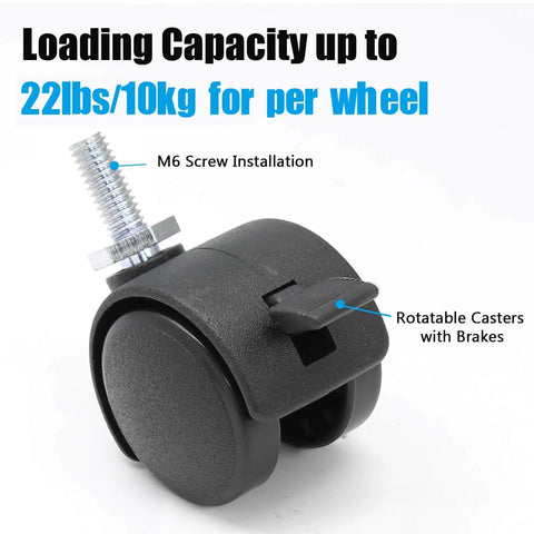 Close-up of 4pcs 1 Inch Swivel Caster Wheels with M6 Threaded Stem and Brake, heavy duty black nylon, showing M6 screw and brake feature.