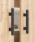 Two Piece 12 Inch Pull And Flush Barn Door Handle Set Large Rustic Two Side Design Black Square Handles on Wooden Doors