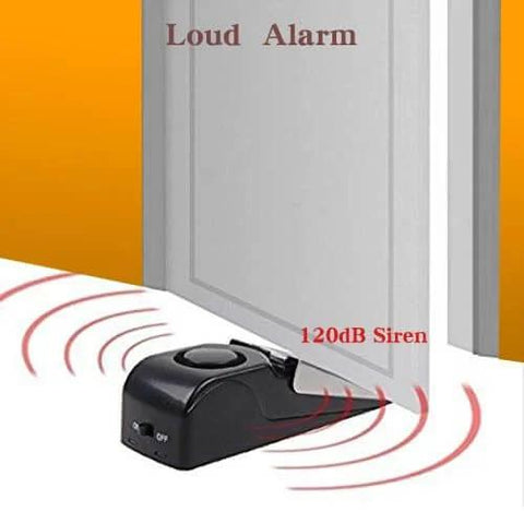 Door Stop Alarm with 120DB Siren Door Stop for Home & Travel (Black) placed under door showcasing alarm activation