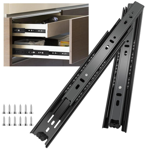 12 Inch Full Extension Drawer Slides Set, 4 Pairs (8 Pieces) Ball Bearing Side Mount Rails, heavy duty, black metal, close-up view