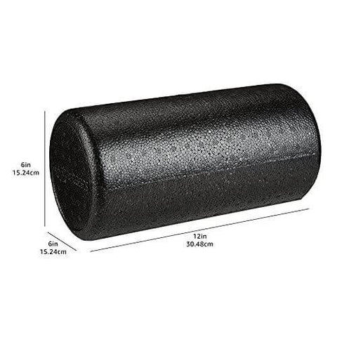 High Density 12 Inch Foam Roller for Exercise and Recovery in Black, showing dimensions and durable polypropylene core
