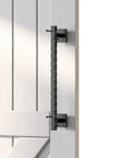 Side view of the 12 Inch Sliding Barn Door Handle Pull in Black Finish for doors, gates, garages, barns, sheds, closets and sliding doors durable steel construction includes 4 screws easy mounting and secure grip.