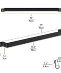 Diagram showing dimensions of Gourmet Kitchen Rail with 10 Hooks, Wall Mounted Wrought Iron Hanging Utensil Holder Rack, 17 Inch.