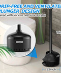 Powerful Toilet Plunger With Holder And Cover For Bathroom Use shown by toilet, 19-inch design, double-layer seal, ventilated holder.
