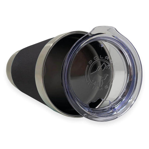 20oz Vacuum Insulated Tumbler Mug With Personalized Engraving Included, silicone grip, black finish, open lid view, keeps drinks cold for 24 hours