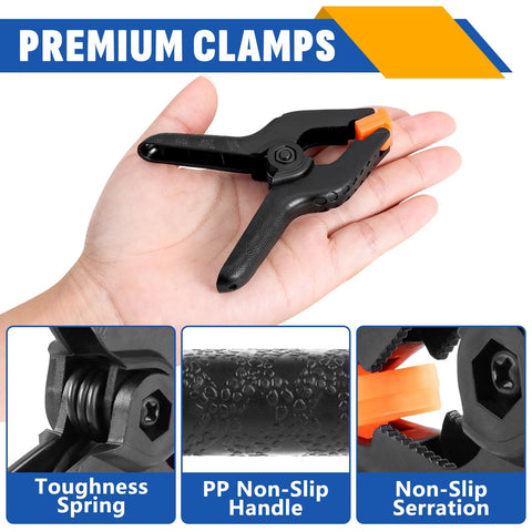 24 Pack 3.5 Inch Plastic Spring Clamps Black Heavy Duty Clips Backdrop Clips in hand, showing features like tough spring and non-slip handle.