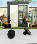Outdoor scene with replacement black 3/8-inch hex screws in front of a storage shed, highlighting reinforcement use with Suncast shed accessories.
