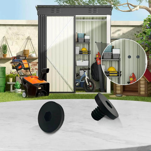 Outdoor scene with replacement black 3/8-inch hex screws in front of a storage shed, highlighting reinforcement use with Suncast shed accessories.