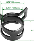 Close-up of a spring band hose clamp, 3/8 inch inner diameter, black finish, showing dimensions and steel construction.