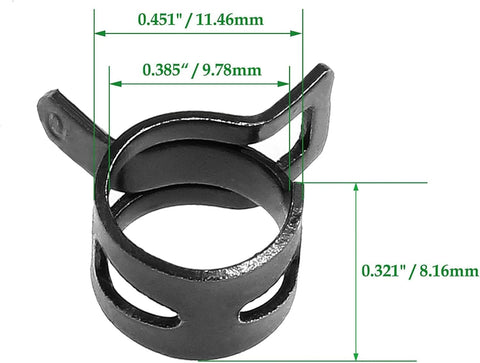 Close-up of a spring band hose clamp, 3/8 inch inner diameter, black finish, showing dimensions and steel construction.