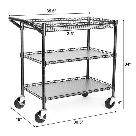 Heavy Duty Utility Cart With 990 Lbs Capacity, 3 Tier Rolling Kitchen Cart On Wheels, Commercial Grade Metal Serving Cart, Black Finish
