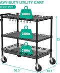Heavy Duty Rolling Cart With Wheels For Commercial Kitchens And Food Service, 3 Tier Utility Cart, Industrial Metal Kitchen Trolley With Handle Bar And Shelf Liner, Black, Folews