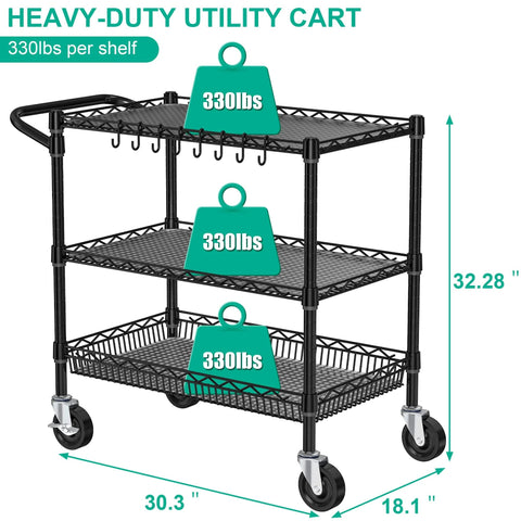 Heavy Duty Rolling Cart With Wheels For Commercial Kitchens And Food Service, 3 Tier Utility Cart, Industrial Metal Kitchen Trolley With Handle Bar And Shelf Liner, Black, Folews
