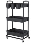 3 Tier Rolling Storage Cart With Lockable Wheels And Extra Hanging Cups For Kitchen, Bathroom, Living Room Or Office Black Heavy Duty Iron Frame, Sturdy Plastic Trays, Smooth Rolling, Easy Assembly By JIUYOTREE