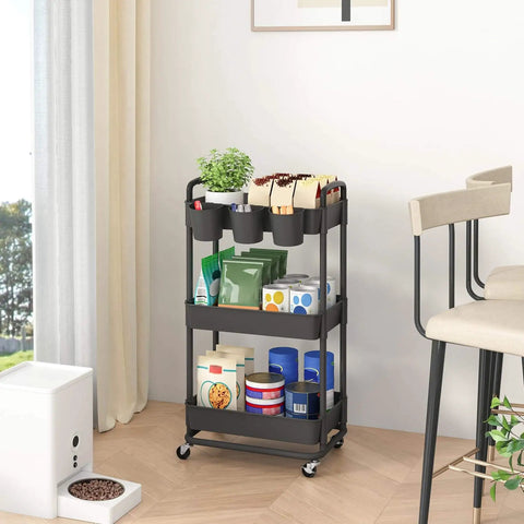 3 Tier Rolling Storage Cart With Lockable Wheels And Extra Hanging Cups For Kitchen, Bathroom, Living Room Or Office Black Heavy Duty Iron Frame, Sturdy Plastic Trays, Smooth Rolling, Easy Assembly By JIUYOTREE