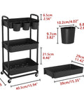 3 Tier Rolling Storage Cart With Lockable Wheels And Extra Hanging Cups For Kitchen, Bathroom, Living Room Or Office Black Heavy Duty Iron Frame.