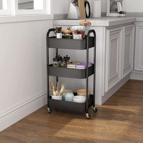 3 Tier Rolling Utility Cart With Caster Wheels Four Wheels Two Lockable For Kitchen And Bathroom Super Handy