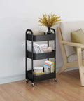 Black 3 Tier Rolling Utility Cart With Caster Wheels Four Wheels Two Lockable For Kitchen And Bathroom Super Handy For Trays