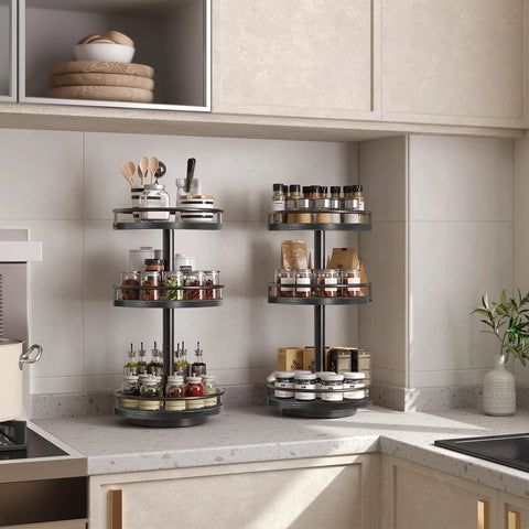 Rotating Spice Rack Lazy Susan With 360 Degree Turntable And Large Capacity Three Tier Vertical Storage Organizer on a kitchen counter.