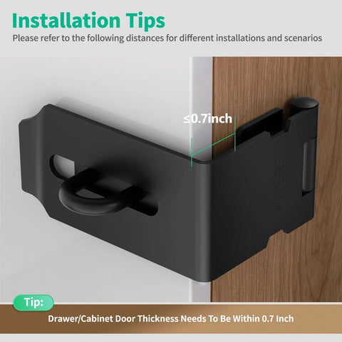 90 Degree Heavy Duty 304 Stainless Steel Padlock Hasp Lock installed on a drawer corner, demonstrating right-angle fit, black finish.