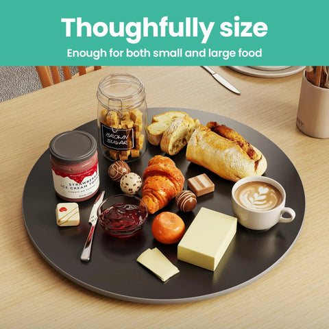 31.5 Inch Lazy Susan Turntable With 360 Degree Rotation Sintered Stone Silent Anti Slip Surface displayed on a table with food items
