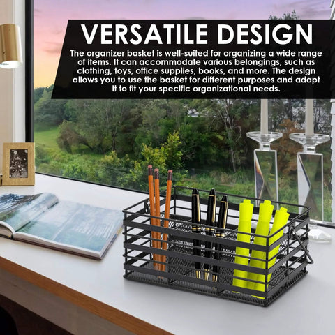 Stainless Steel Utensil Basket, Dishwasher, Flatware Basket, 4-Compartment, Black, on Desk with Office Supplies