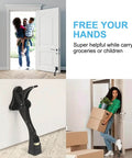 Black Kick Down Door Stoppers for Bottom of Door, Heavy Duty Kickdown Door Stop in use with open door and family carrying groceries