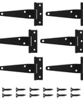 Six Pack 4 Inch T Strap Hinges Black Outdoor Gate Hinges For Wooden Fences laid out with screws, heavy duty carbon steel.