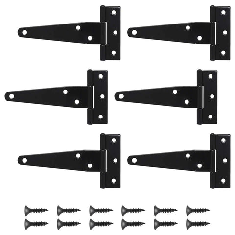 Six Pack 4 Inch T Strap Hinges Black Outdoor Gate Hinges For Wooden Fences laid out with screws, heavy duty carbon steel.