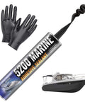 Black 5200 Marine Sealant Fast Cure For Boats And RVs includes 10oz cartridge, gloves, nozzle, and application on boat decking.