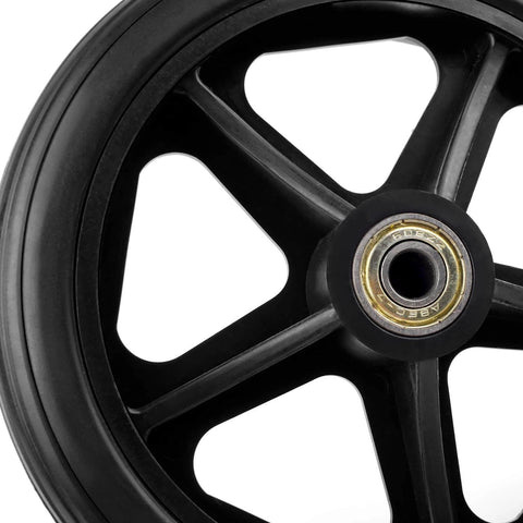 Close-up of a black 6 inch rubber wheelchair wheel with anti-slip ABS hub, part of a 2 Pack 6 Inch Rubber Wheelchair Wheels Replacement.