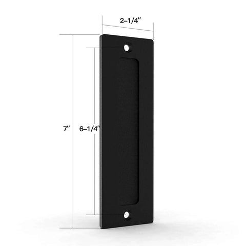 Side view of 7 Inch Black Barn Door Handle Finger Pull Set Two Pack Heavy Duty Invisible Handle For Gates Garages Sheds Barn Doors And Pocket Doors With Flat Bottom Design And Easy To Install Solid Carbon Steel Construction With Rust Resistant Powder Coat.