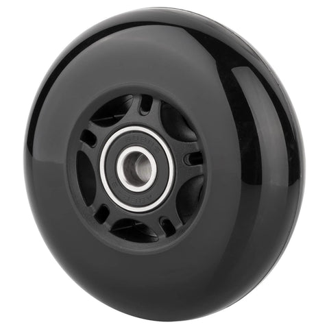 Black inline skate wheel for outdoor & indoor use, 80mm with ABEC-9 bearings, part of a roller hockey wheel set 8-pack.