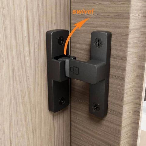 Heavy-Duty Flip Latch Lock 90/180 Degree Sliding/Swinging Door Lock Latch Bolt for Gate Barn Garage, installed on wooden door, swivel function.