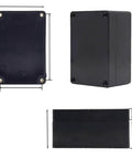 Front, side, and top views of black IP65 Rated ABS Plastic Electrical Enclosure Box For Electronics, includes screws and cable gland placements.