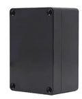 Front view of black IP65 Rated ABS Plastic Electrical Enclosure Box For Electronics, Built To Last Rugged And Waterproof Junction Case