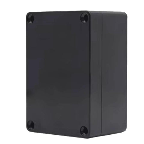 Front view of black IP65 Rated ABS Plastic Electrical Enclosure Box For Electronics, Built To Last Rugged And Waterproof Junction Case