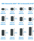 Black ABS Round Spacers For M5 Screws Kit 240 Pcs, OD 9mm ID 5.4mm Nonthreaded Standoffs display with various lengths