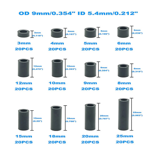Black ABS Round Spacers For M5 Screws Kit 240 Pcs, OD 9mm ID 5.4mm Nonthreaded Standoffs display with various lengths